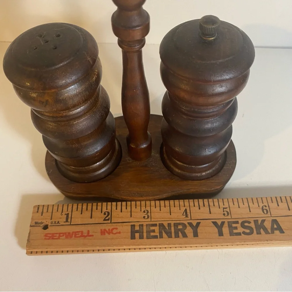 Vintage Wooden Salt Shaker & Pepper Mill With Wooden Stand
